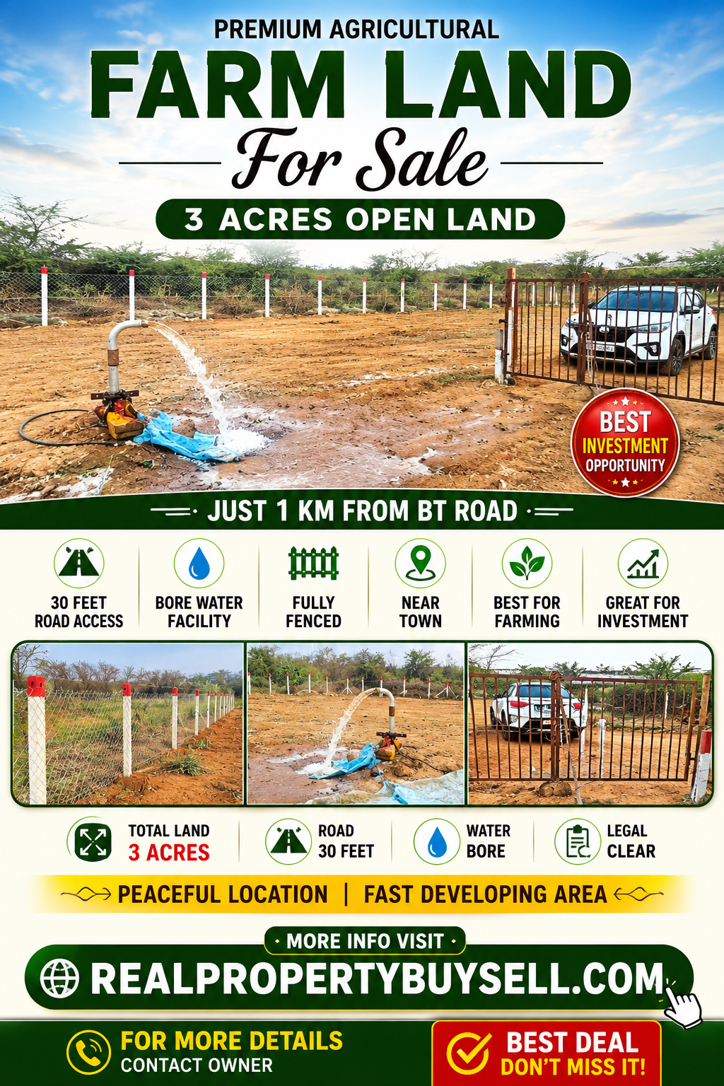 🔥 3 Acres Farm Land for Sale Near BT Road | Water Facility & Fencing | Best Investment