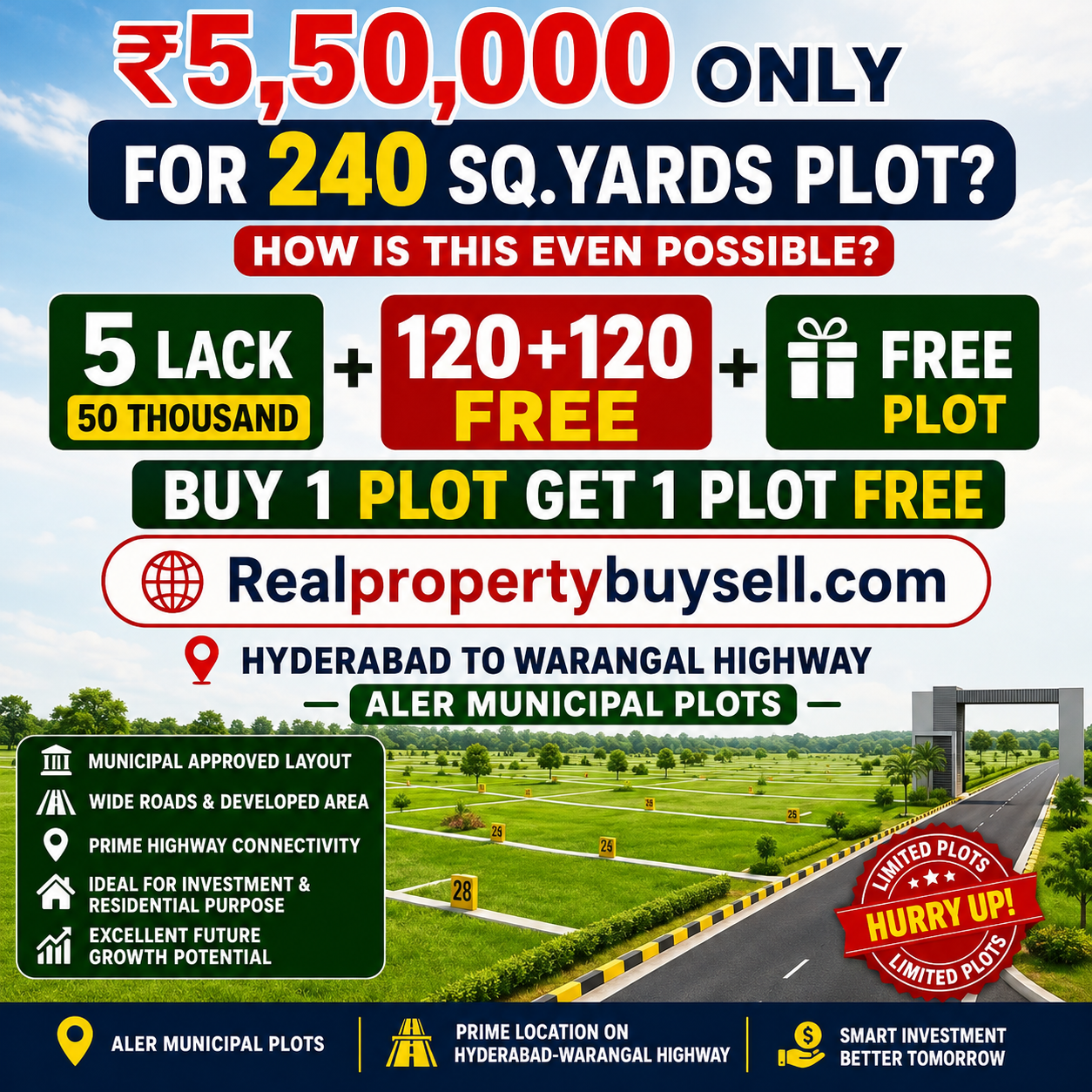 🤯 Buy 120 Sq.Yards, Get 120 Sq.Yards FREE – Total 240 Sq.Yards for ₹5.5 Lakhs!
