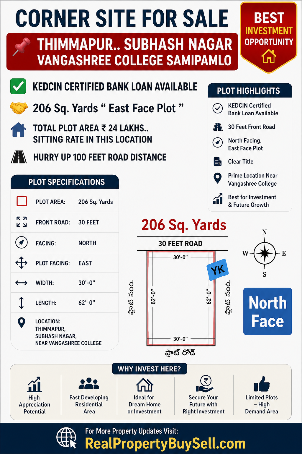 North Facing Corner Plot for Sale in Thimmapur – 206 Sq Yards Near Vangashree College
