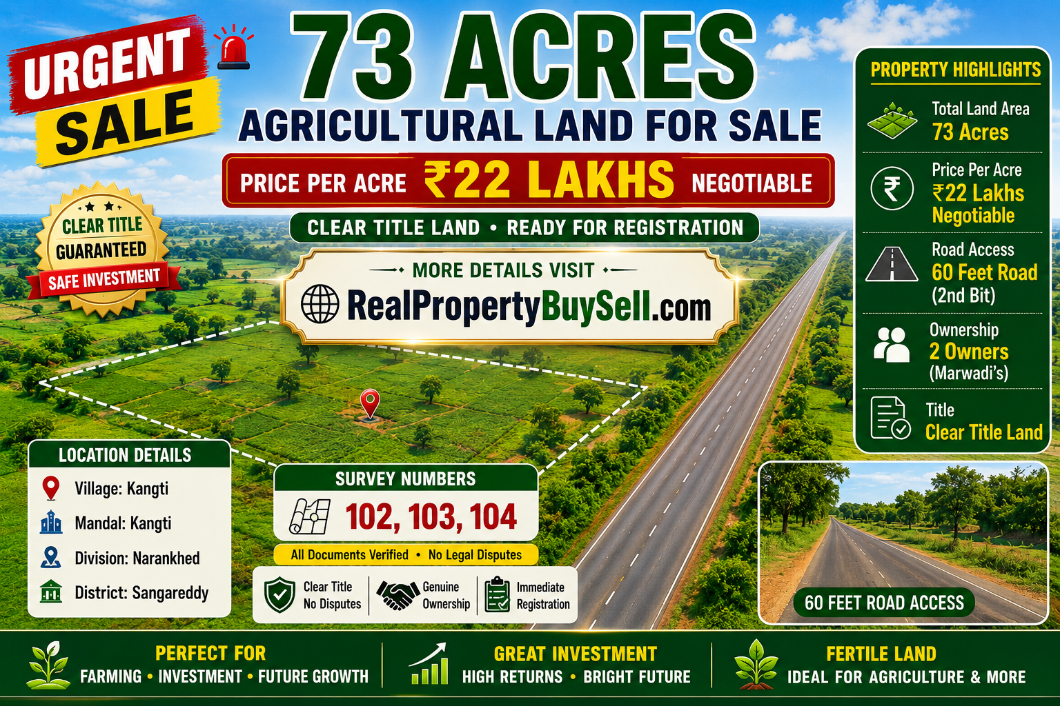 Urgent Sale: 73 Acres Agricultural Land for Sale in Kangti, Sangareddy – ₹22 Lakhs Per Acre (Negotiable)