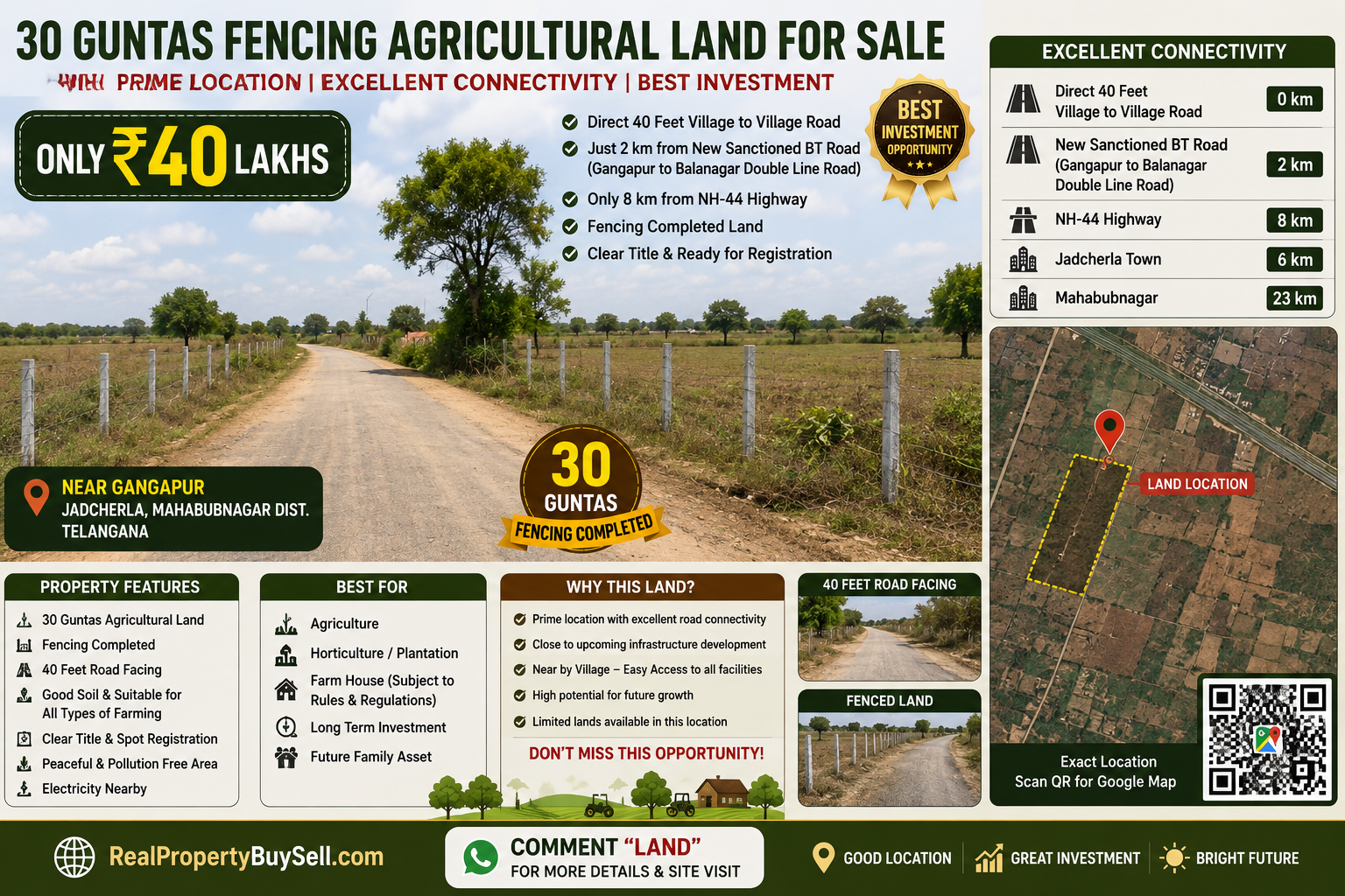 30 Guntas Fencing Agricultural Land for Sale – Only ₹40 Lakhs | Near Gangapur, Jadcherla | Prime Investment Opportunity