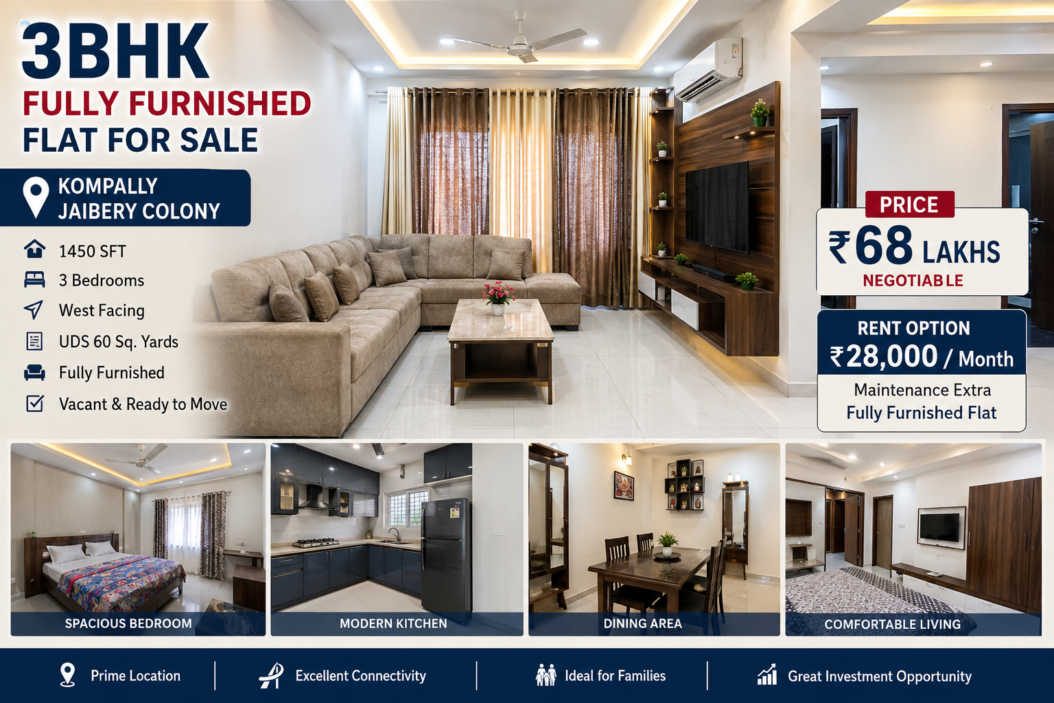 3BHK Fully Furnished Flat for Sale in Kompally, Jaibery Colony – 1450 SFT | West Facing | ₹68 Lakhs Negotiable