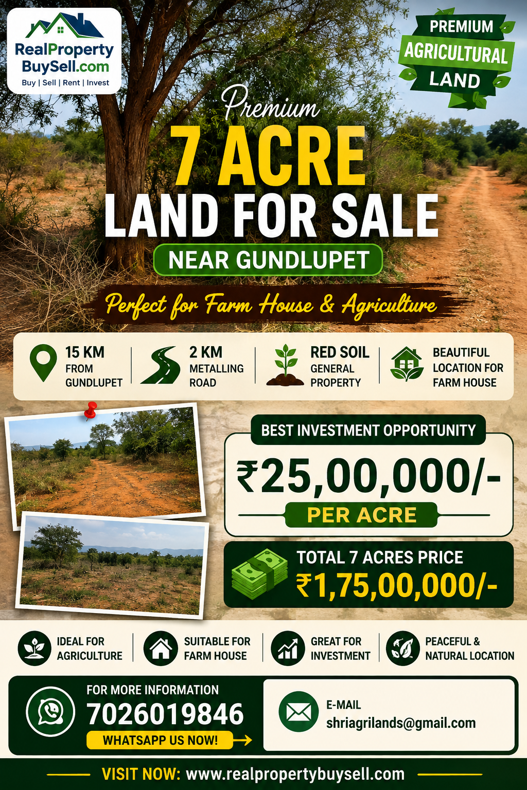 7 Acres Agricultural Land for Sale Near Gundlupet | Red Soil | Farm House Suitable